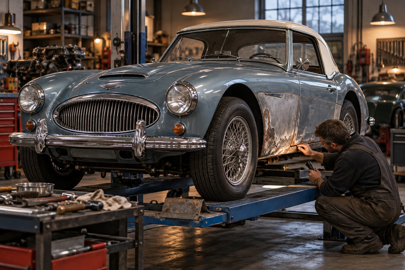 A mechanic inspecting the lower body and rust damage of a classic blue Healey Elliott sedan lifted on a hydraulic hoist in a garage