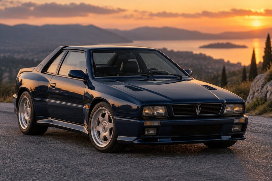 Dark blue Maserati Shamal coupe parked on a scenic overlook with mountains and a sunset sea view in the background