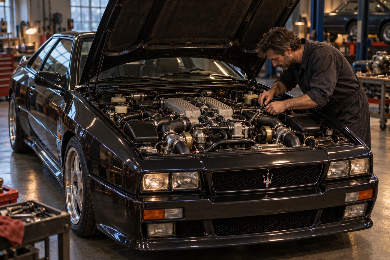 A mechanic in overalls inspecting the V8 biturbo engine under the open hood of a classic black Maserati Shamal inside a workshop