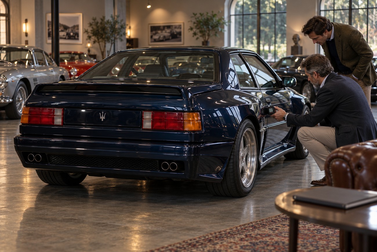 Two men inspecting a dark blue Maserati Shamal sports car inside a showroom