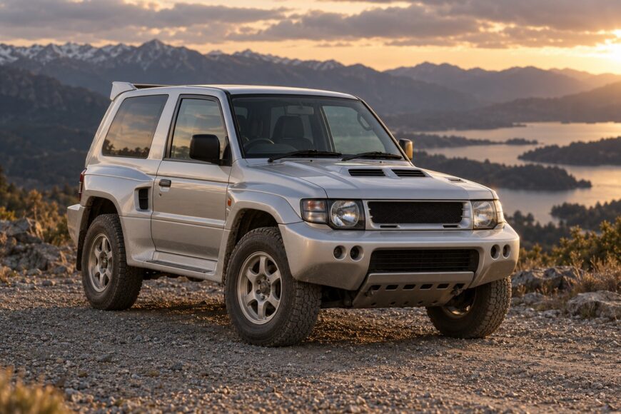 Silver Mitsubishi Pajero Evolution parked on a gravel trail overlooking mountains and a lake at sunset