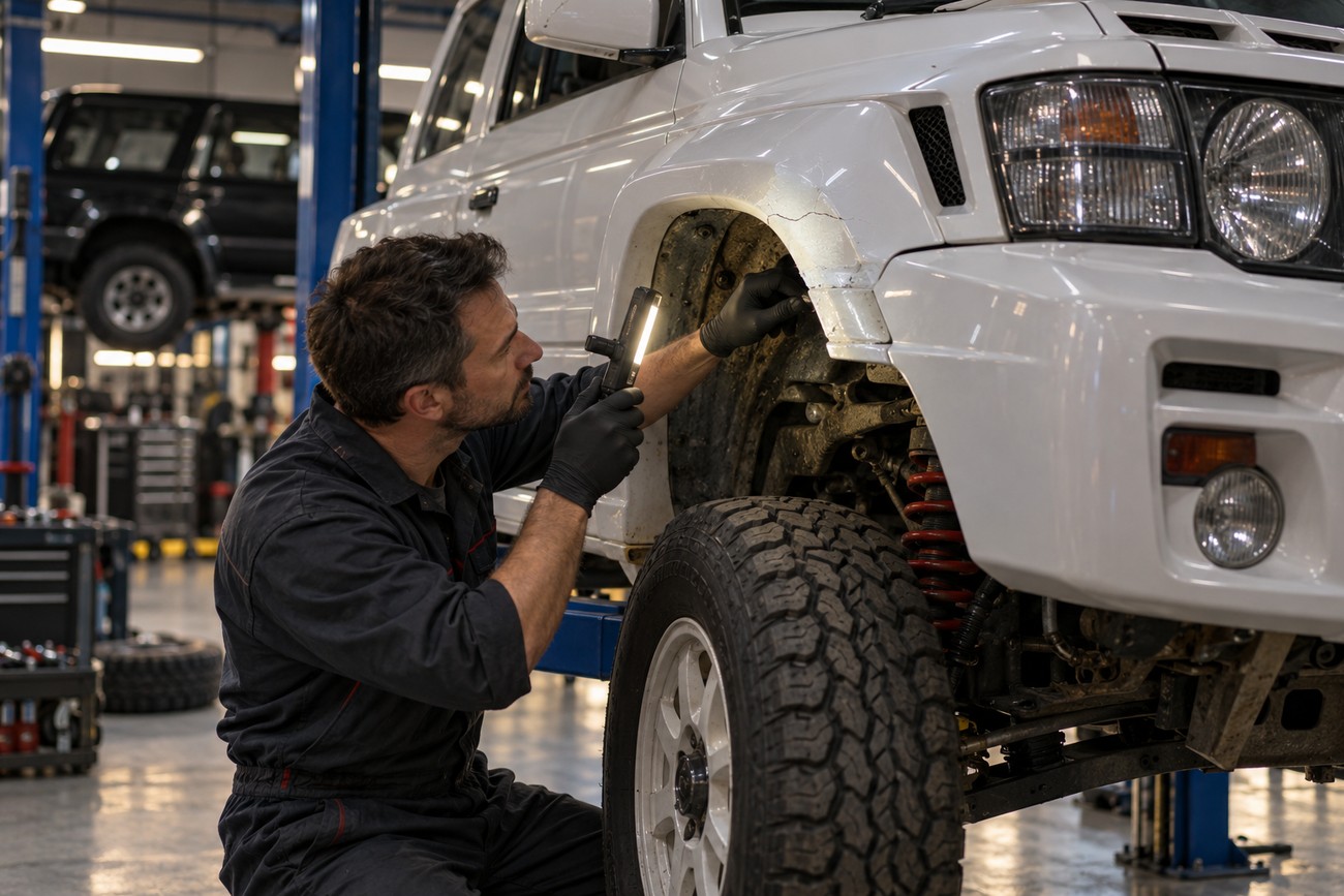 A mechanic wearing black gloves inspects the front wheel arch and suspension of a white Mitsubishi Pajero Evolution with a flashlight inside a service garage