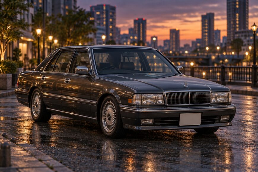A classic dark gray Nissan Cima luxury sedan parked on a wet street reflecting city lights at dusk