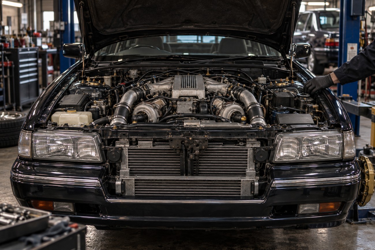 Front view of a classic Nissan Cima luxury sedan with its hood open revealing a clean turbocharged engine bay in a garage