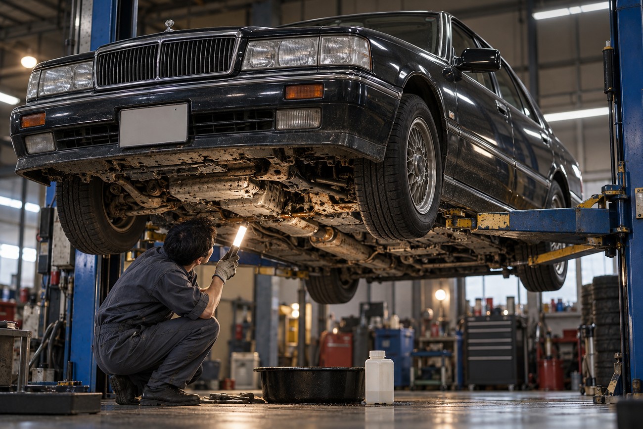 A mechanic holding a flashlight while inspecting the undercarriage of a classic Nissan Cima lifted on a hydraulic hoist in a workshop