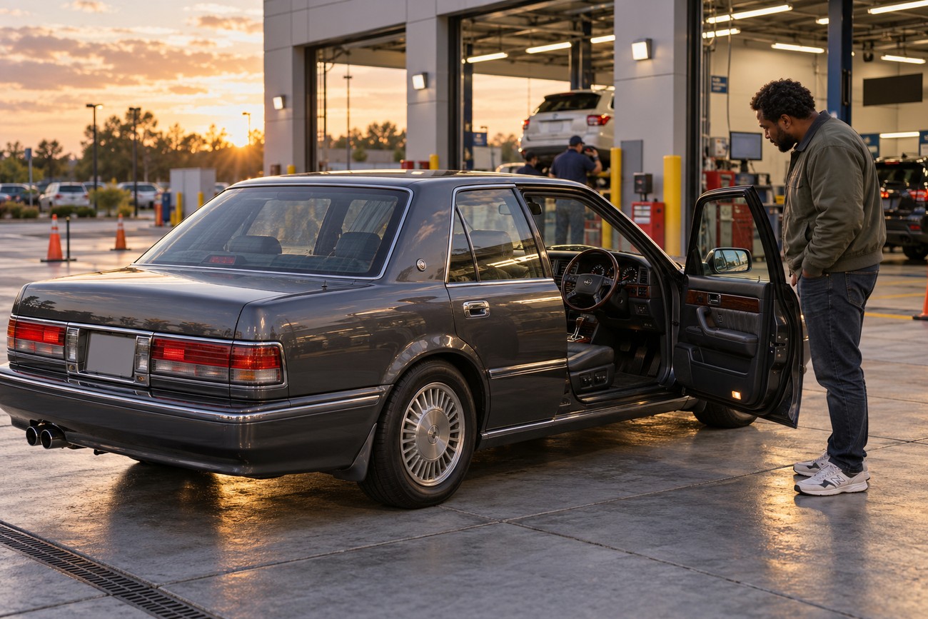 A man stands next to an open door of a dark grey Nissan Cima luxury sedan parked outside a service garage at sunset