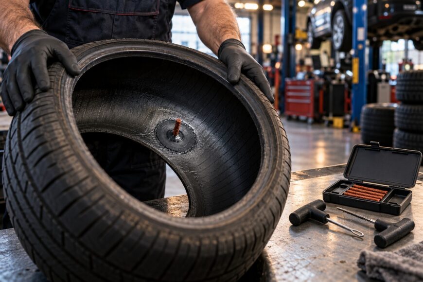 Mechanic wearing black gloves holding a car tire with an installed tire plug and patch combination unit