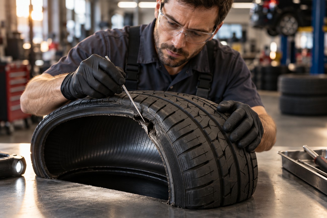 Mechanic wearing safety glasses and gloves inspecting a car tire puncture in a workshop