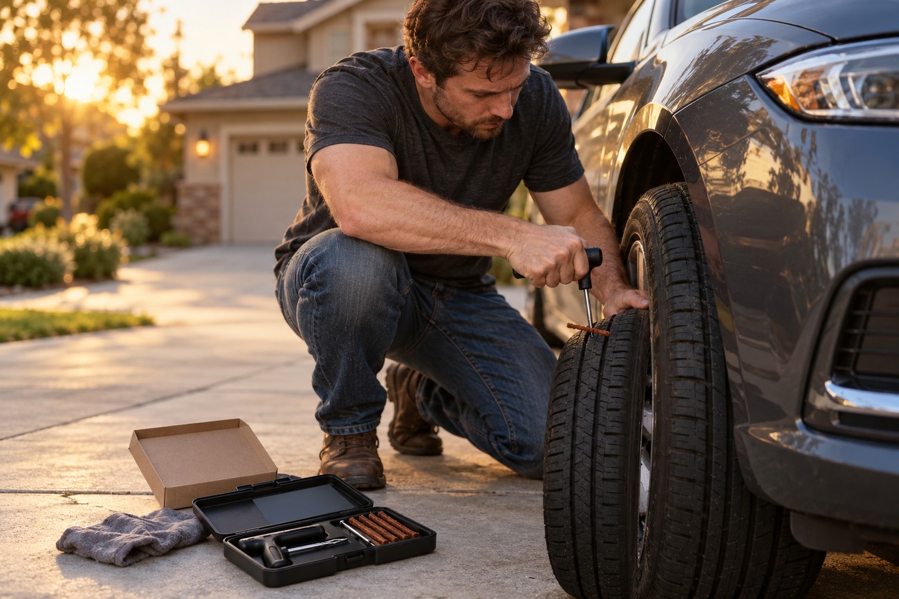 A man crouching next to a car and using a tire plug tool to insert a rubber plug into the tread of a tire