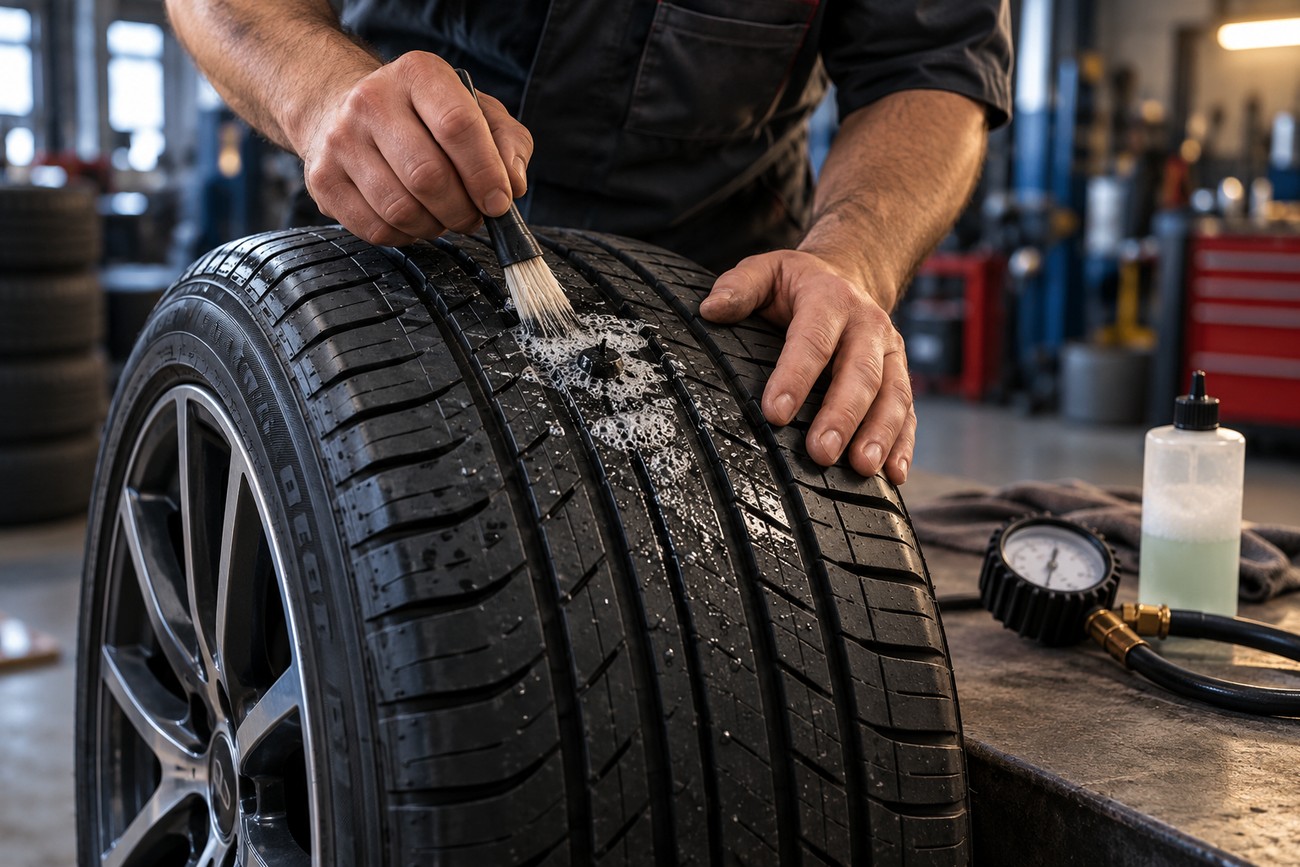 Mechanic applying soapy water with a brush to a tire plug in a car tread to check for leaks