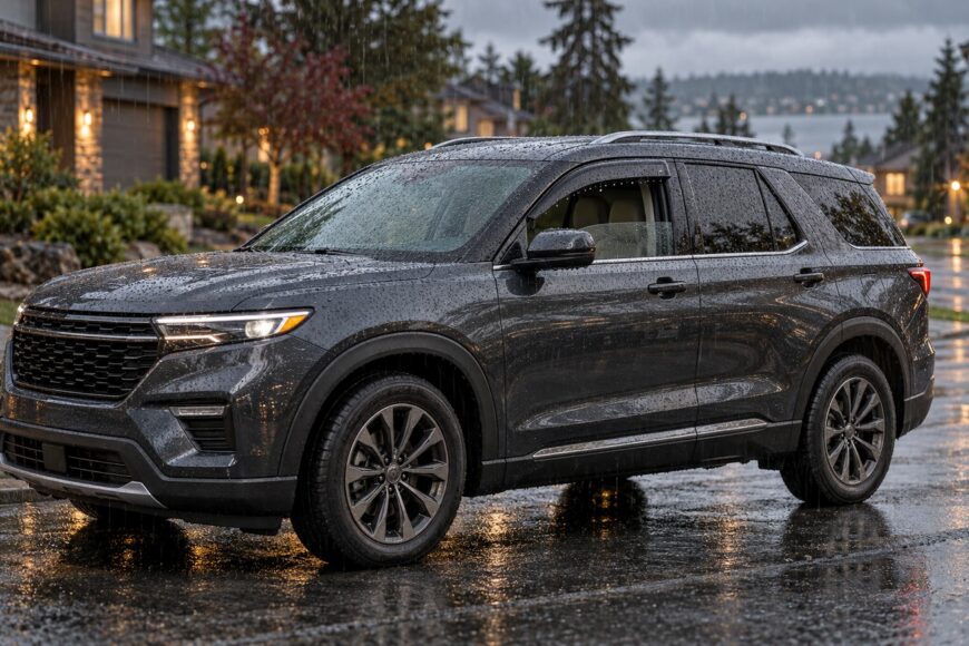A dark grey SUV parked on a wet residential street with window deflectors installed during a rainfall