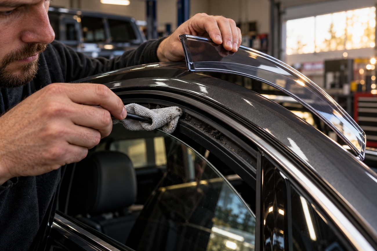 A man cleaning the car door window channel with a rag while preparing to install a clear plastic window deflector