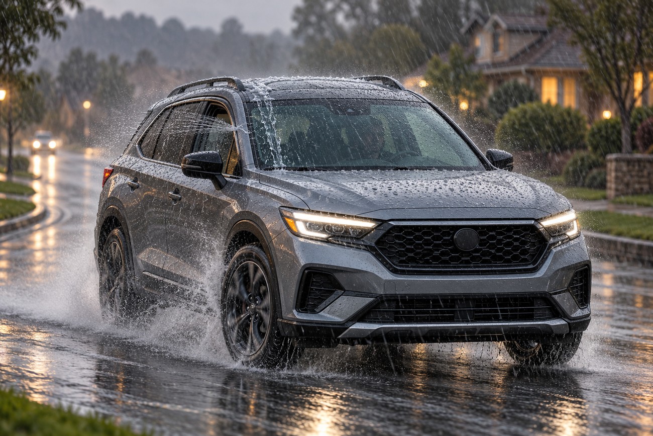 A modern gray SUV driving on a wet suburban road during a heavy downpour with window deflectors installed