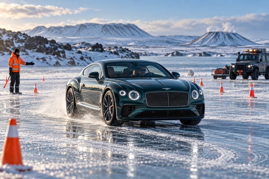 Dark green Bentley Continental GT driving on the icy surface of Lake Mývatn with safety cones and snow-capped mountains in the background
