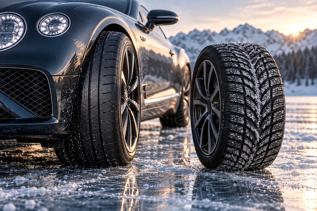 A luxury Bentley Continental GT parked on a frozen lake with a specialized winter tire standing beside it against a snowy mountain backdrop