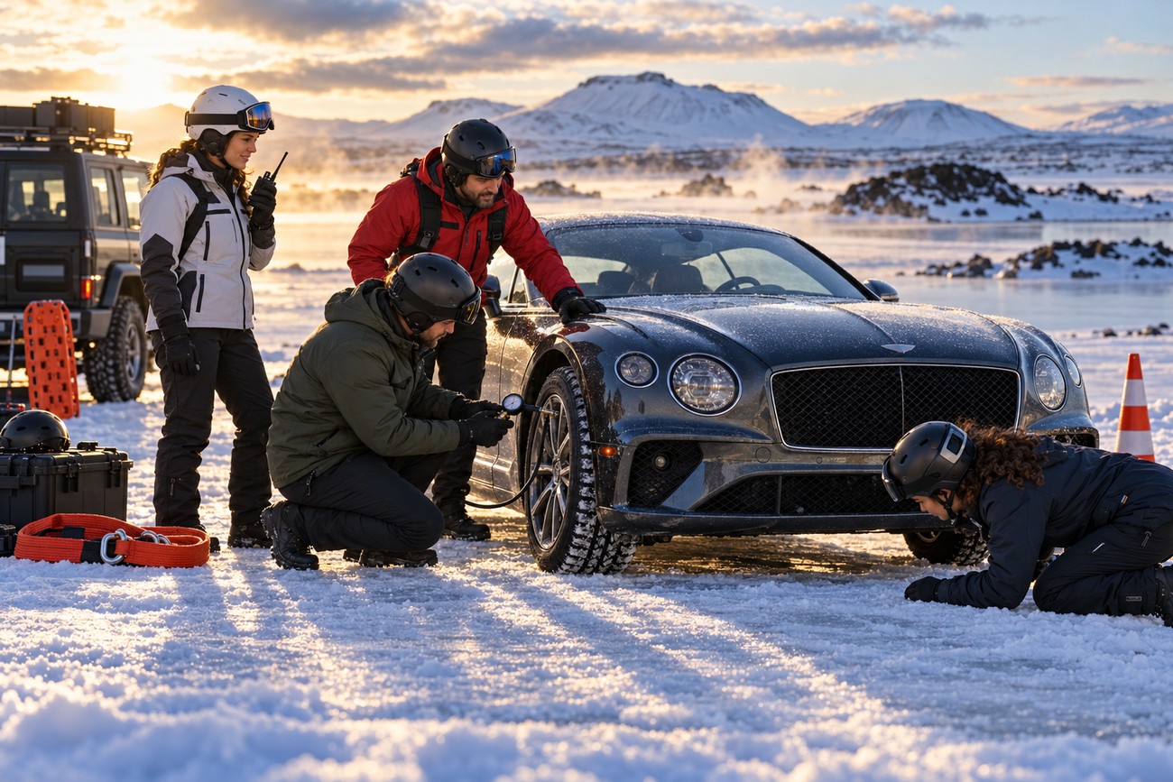 Team in winter gear checking and inflating tires of a luxury Bentley Continental GT grand tourer on the frozen surface of Lake Mývatn