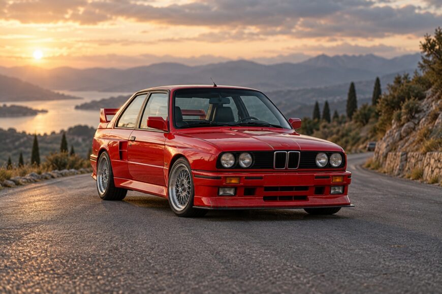 Red BMW E30 M3 Sport Evolution parked on a winding asphalt road overlooking mountains and a lake at sunset