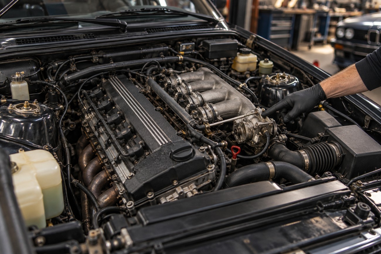 Mechanic in black gloves pointing at the high-performance engine under the hood of a BMW E30 M3 Sport Evolution in a garage