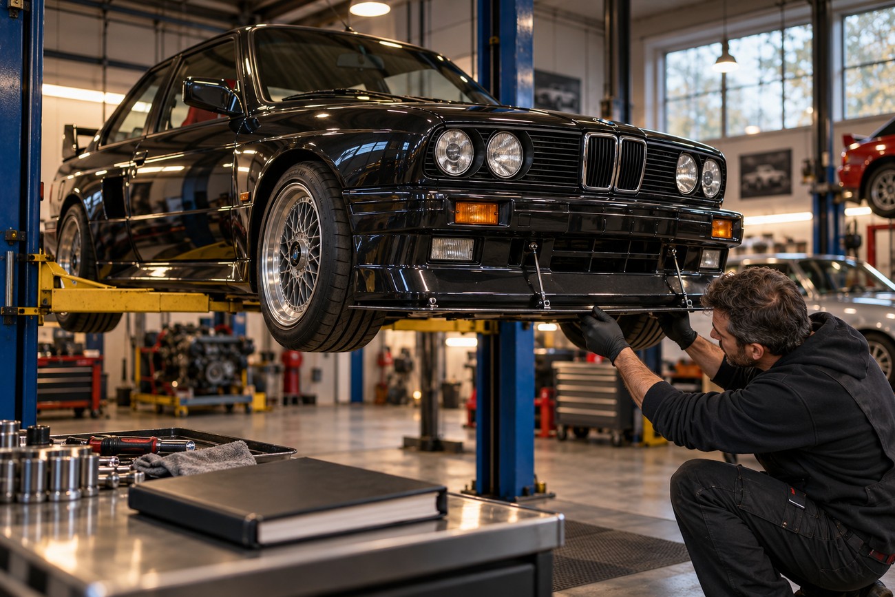 Mechanic wearing gloves kneeling and adjusting the front splitter of a black BMW E30 M3 Sport Evolution raised on a hydraulic lift inside a garage