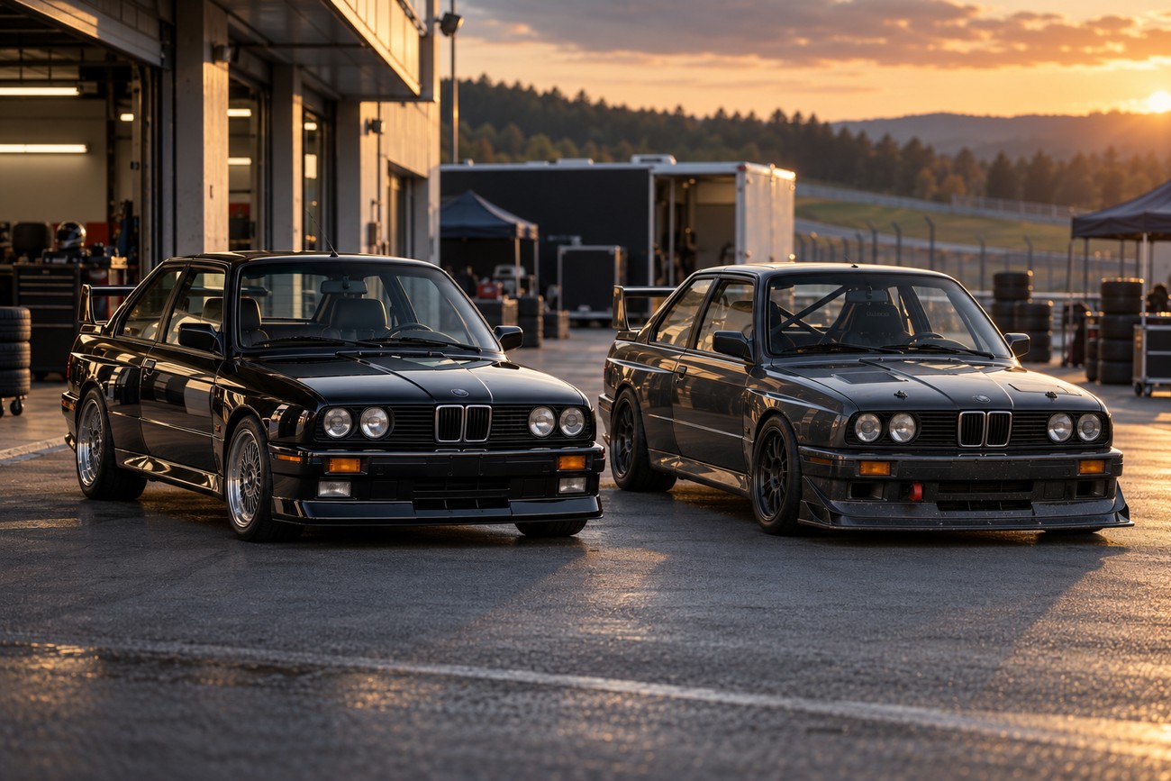 Two black BMW E30 M3 Sport Evolution performance cars parked on the tarmac at a racetrack during sunset