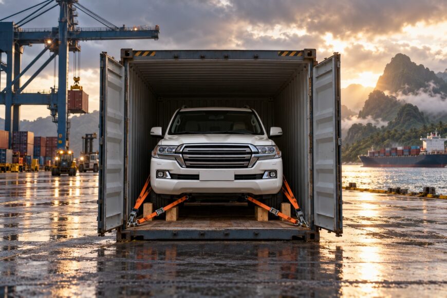 A white Land Cruiser secured inside a shipping container at a commercial port during sunset