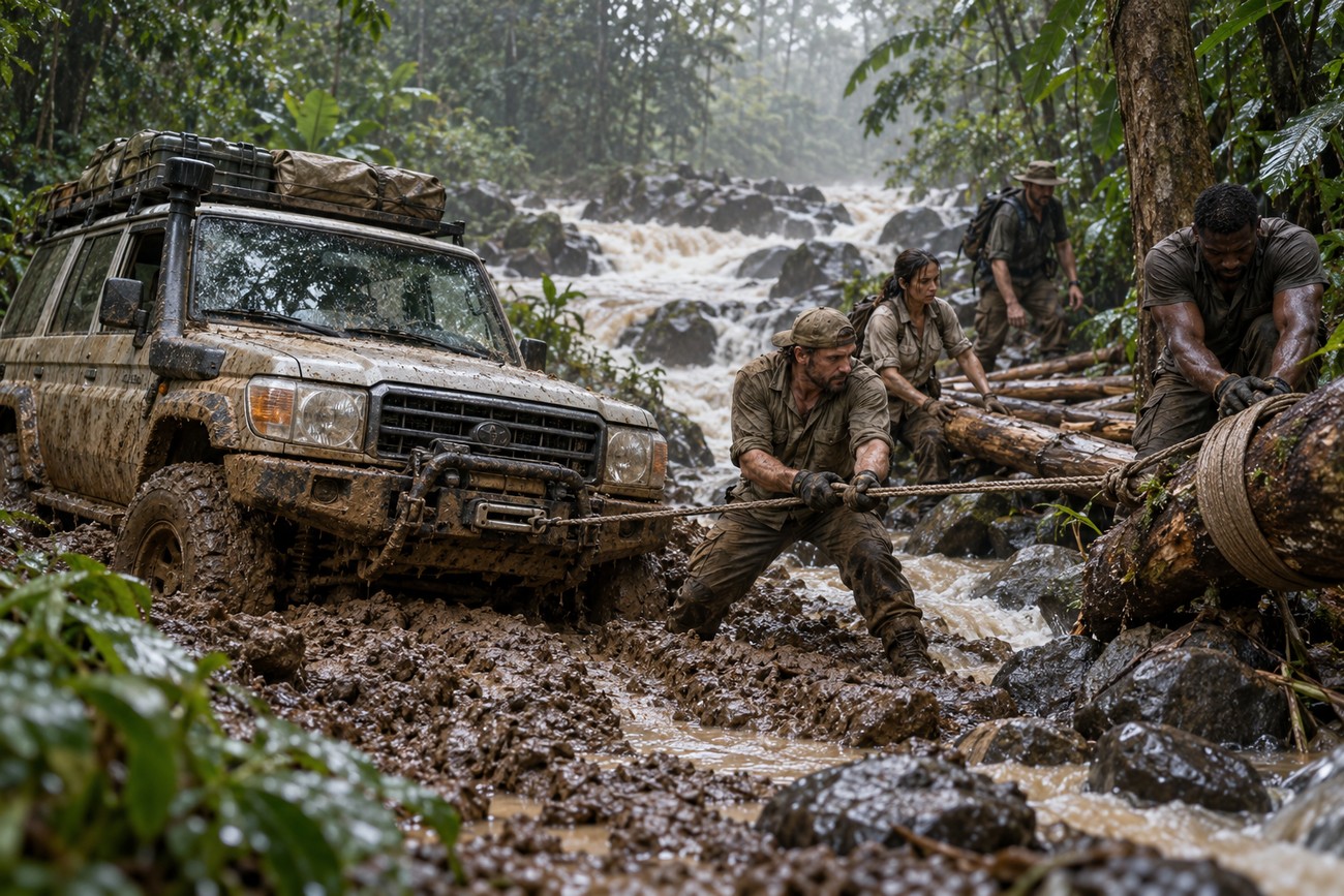 An expedition team pulls on ropes to winch a mud-stuck Toyota Land Cruiser across a turbulent jungle river in the Darien Gap