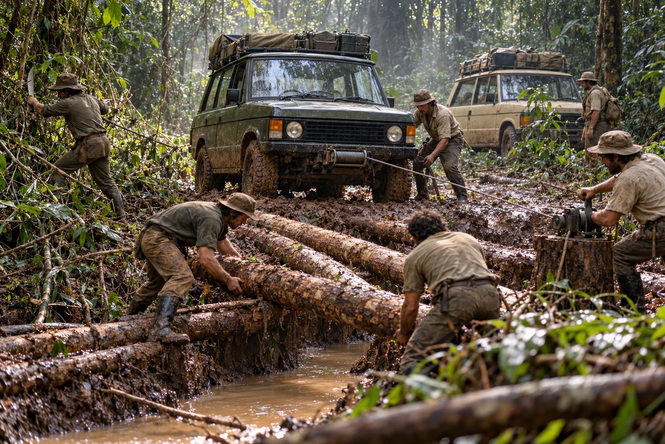 Expedition members work together in the muddy jungle to pull a 4x4 vehicle across a makeshift log bridge over a stream