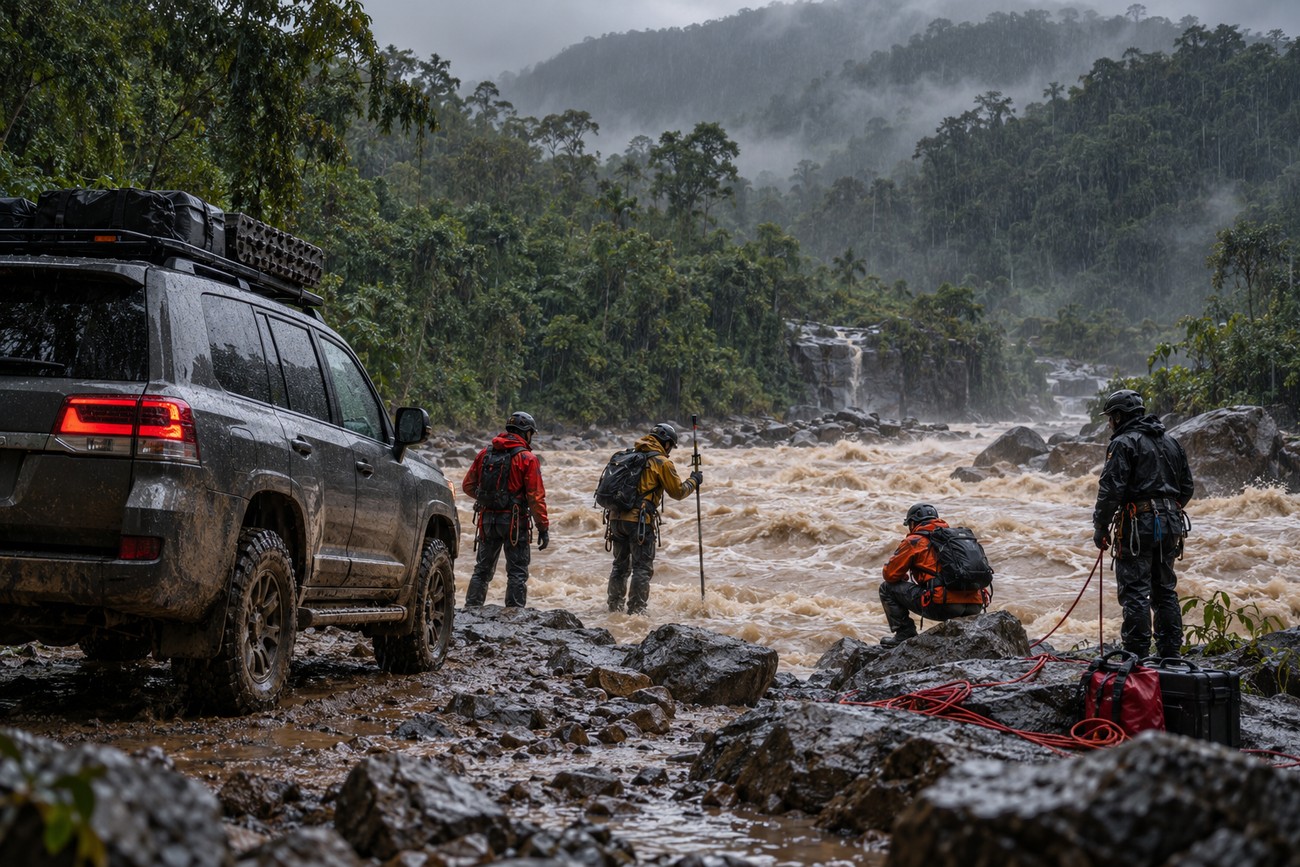 An expedition vehicle and team in rain gear evaluating a raging muddy river in the Darien Gap jungle