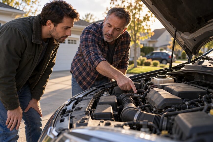 Two men looking closely at a clean car engine bay with the hood open in a driveway