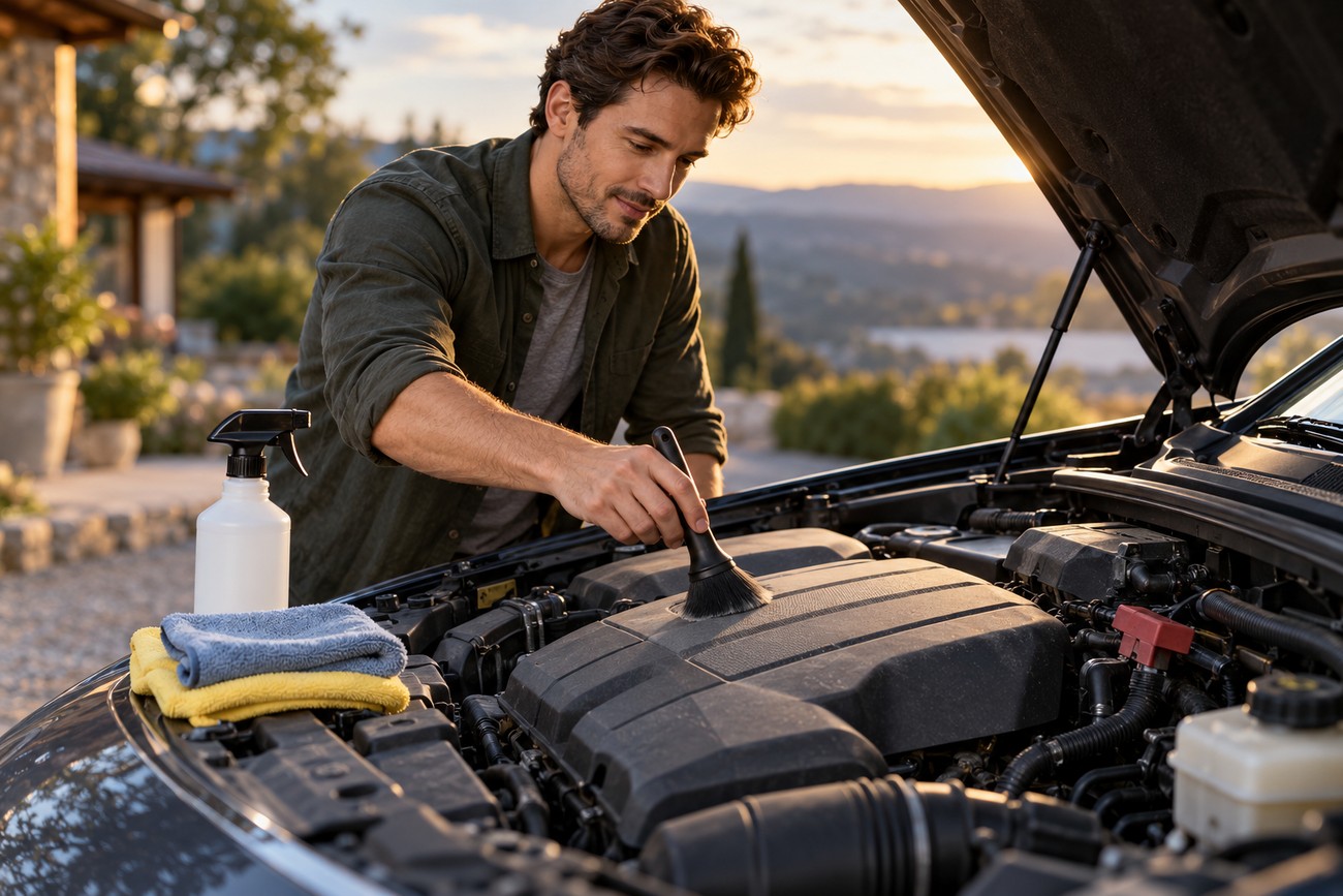 A man cleaning the engine bay of his car with a small brush and spray bottle