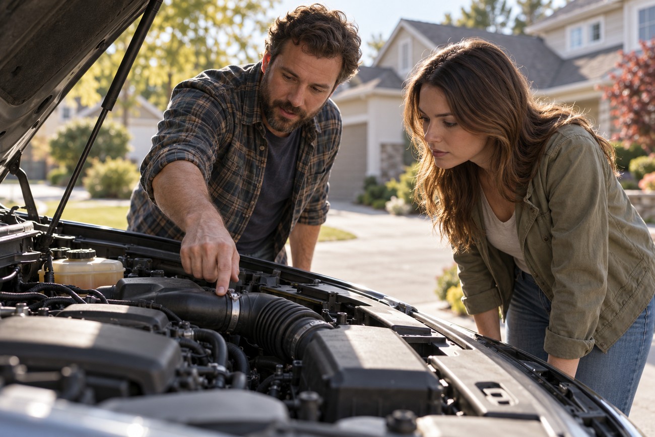 A man and woman inspecting a clean car engine bay in a residential driveway before selling the vehicle