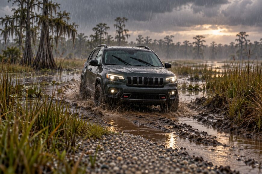 Dark Jeep Cherokee driving through a muddy swamp trail in the Everglades during a rainy day