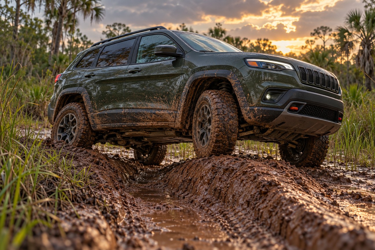 A muddy green Jeep Cherokee driving through wet dirt and water ruts in the Everglades landscape at sunset