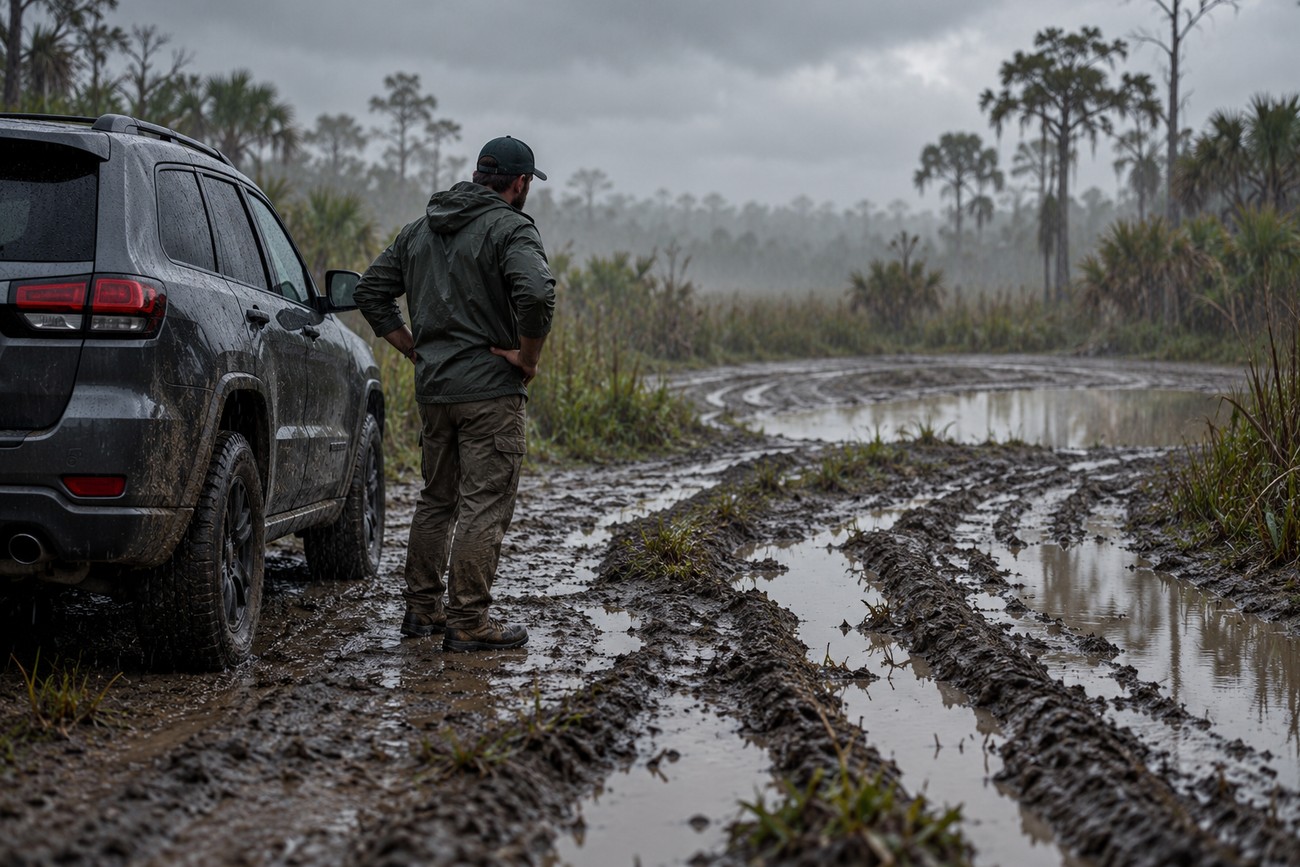 A man standing next to a muddy Jeep Cherokee parked on a wet trail in the Everglades