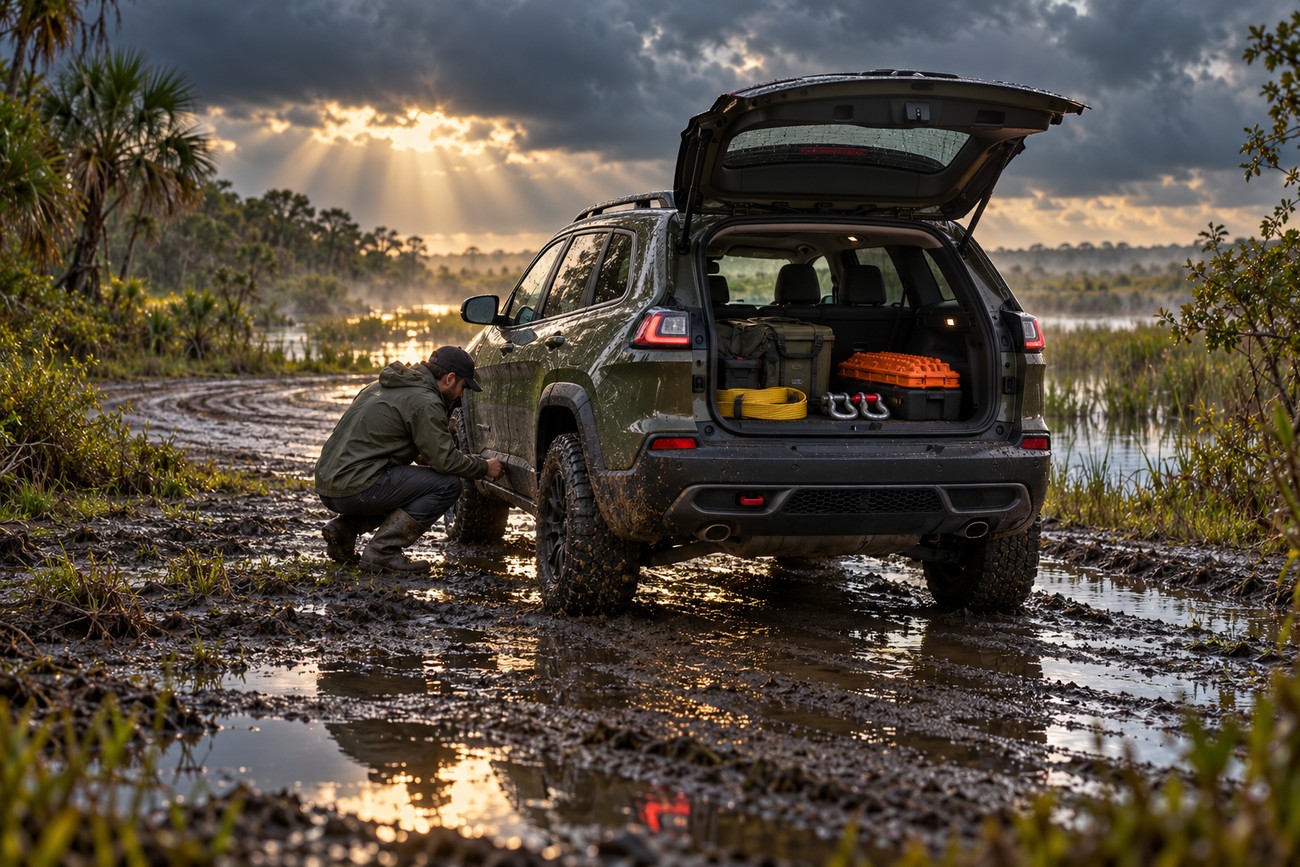 A man inspecting a green Jeep Cherokee parked on a muddy trail with its trunk open in the Everglades at sunset