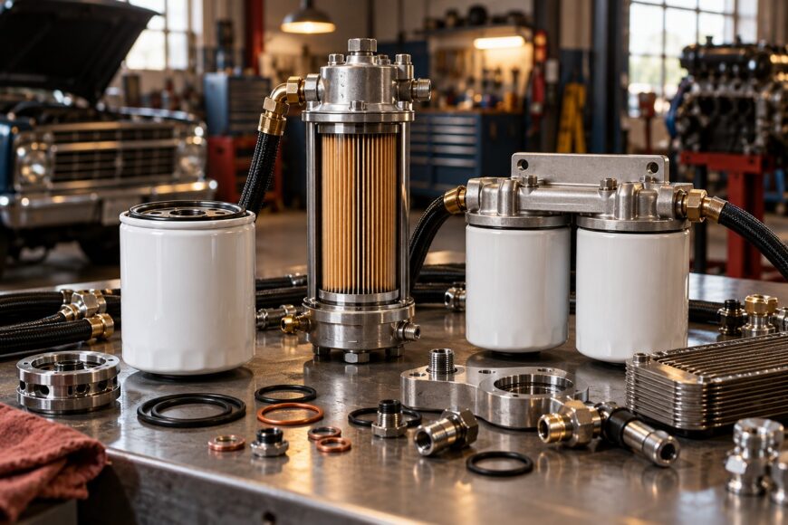 Several different automotive oil filters and metal components arranged on a workbench in a garage