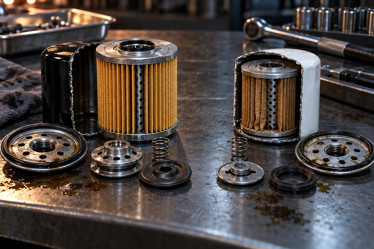Two cut open oil filters displaying internal pleated paper elements and metal components on a metal workbench