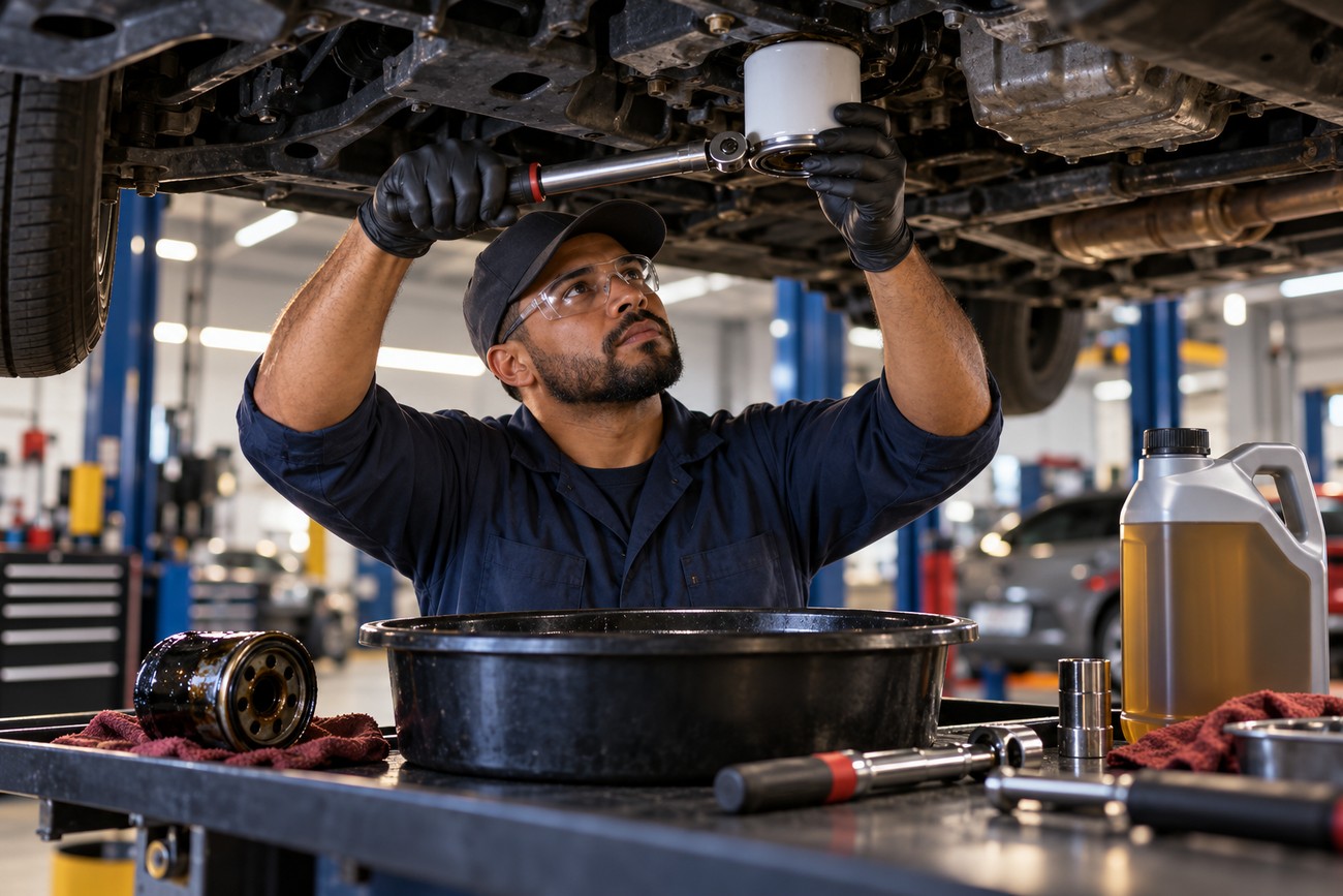 A mechanic in safety glasses and gloves using a wrench to replace an oil filter under a car in a repair shop