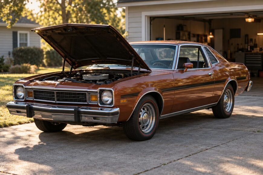 Brown Plymouth Volare Road Runner with its hood open parked on a concrete driveway in front of a garage