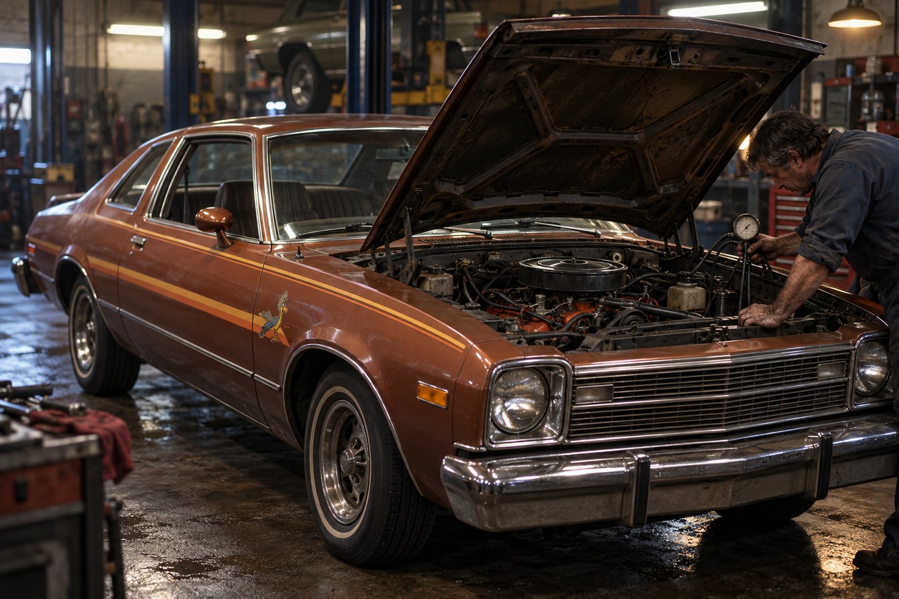 A mechanic inspecting the engine bay of a brown Plymouth Volare Road Runner inside a garage