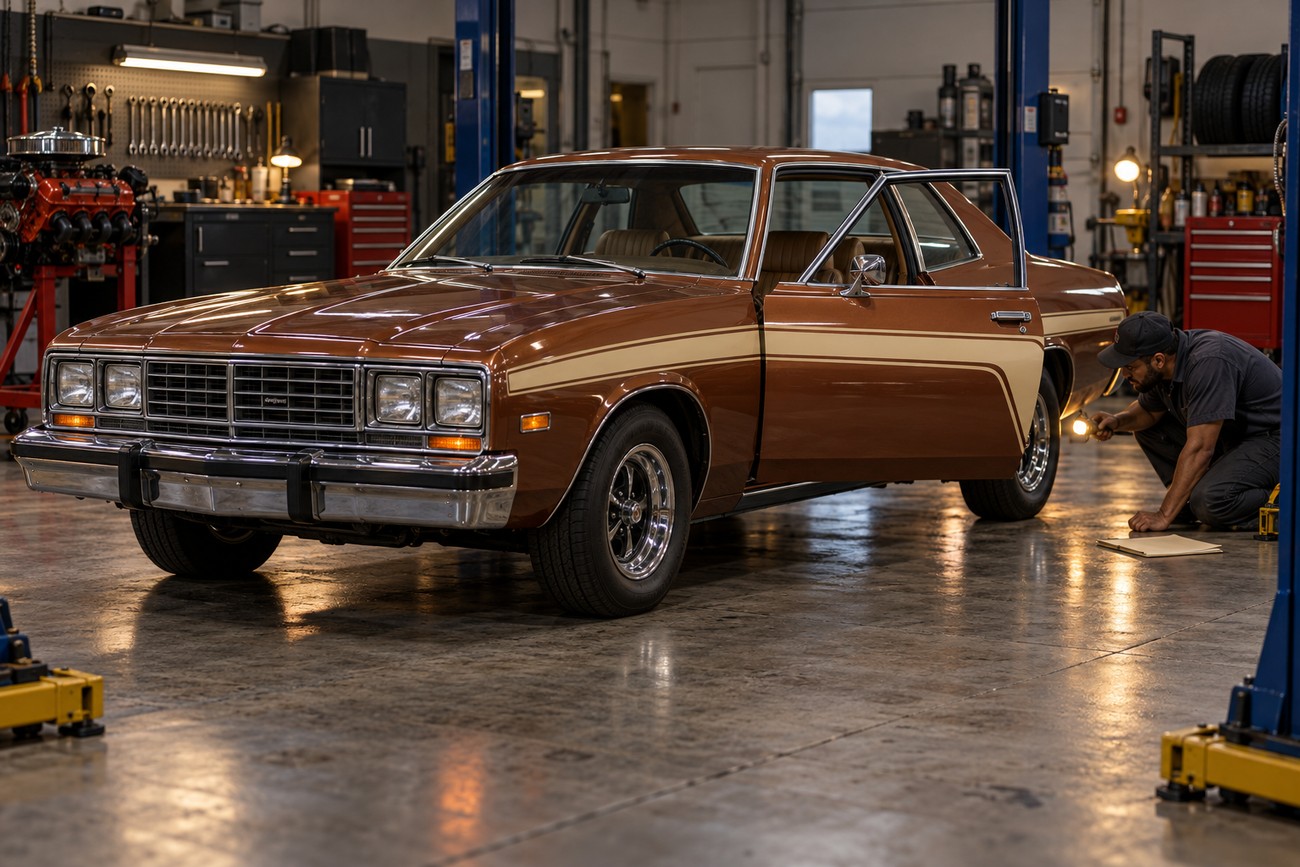 Brown Plymouth Volare Road Runner parked inside a well-lit auto repair shop with a mechanic inspecting the rear wheel
