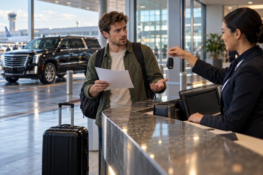 A surprised male traveler at an airport rental counter looking at car keys handed by a smiling agent with a large black Cadillac Escalade parked outside