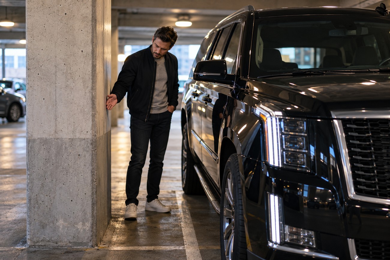 Man carefully checking the narrow clearance between a huge black Cadillac Escalade SUV and a concrete pillar in a parking garage