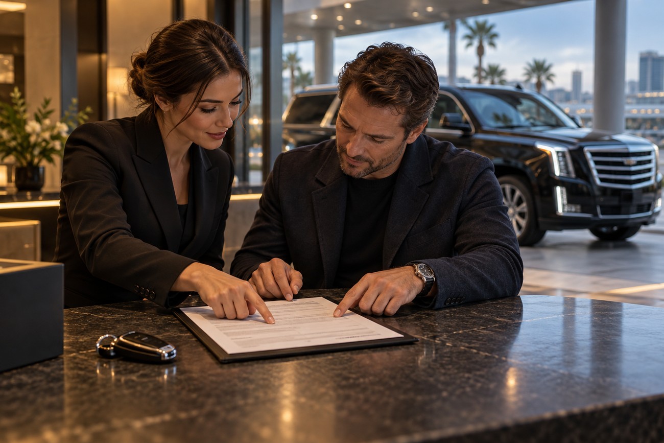 Rental agent pointing at paperwork on a counter next to a key fob while a customer looks on with a luxury SUV visible outside