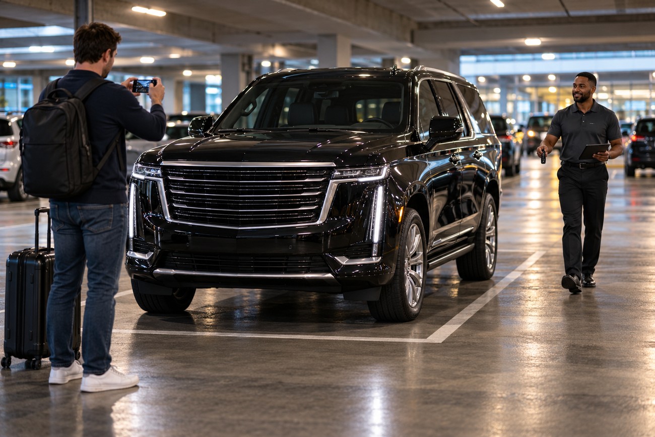 A traveler with a backpack and suitcase photographs a large black Cadillac Escalade in a parking garage while a rental agent walks toward him with keys