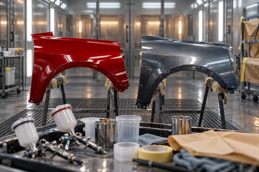 A gloss red car fender and a metallic grey car fender resting on stands inside a professional automotive paint booth with spray guns in the foreground