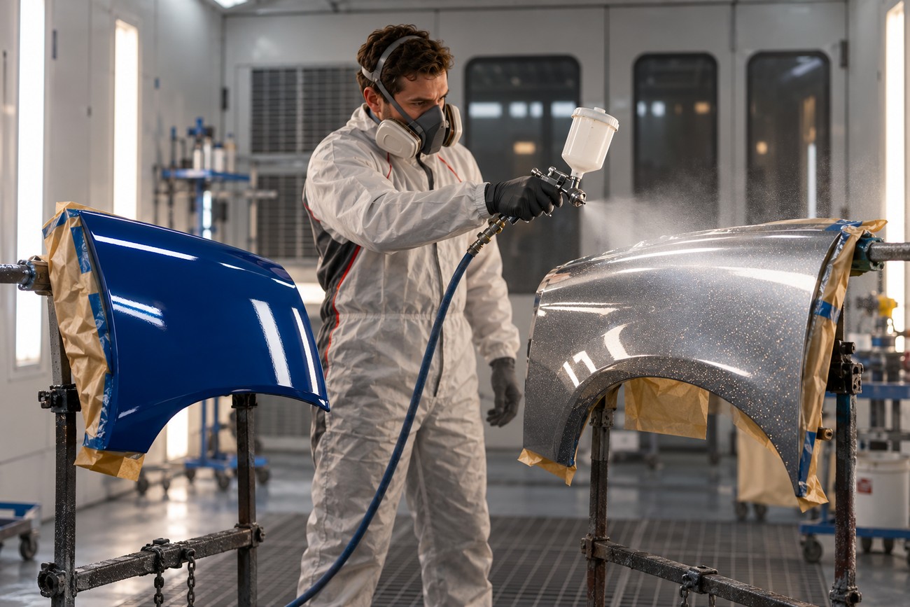 A technician in a protective suit and respirator spray painting a car fender inside a booth
