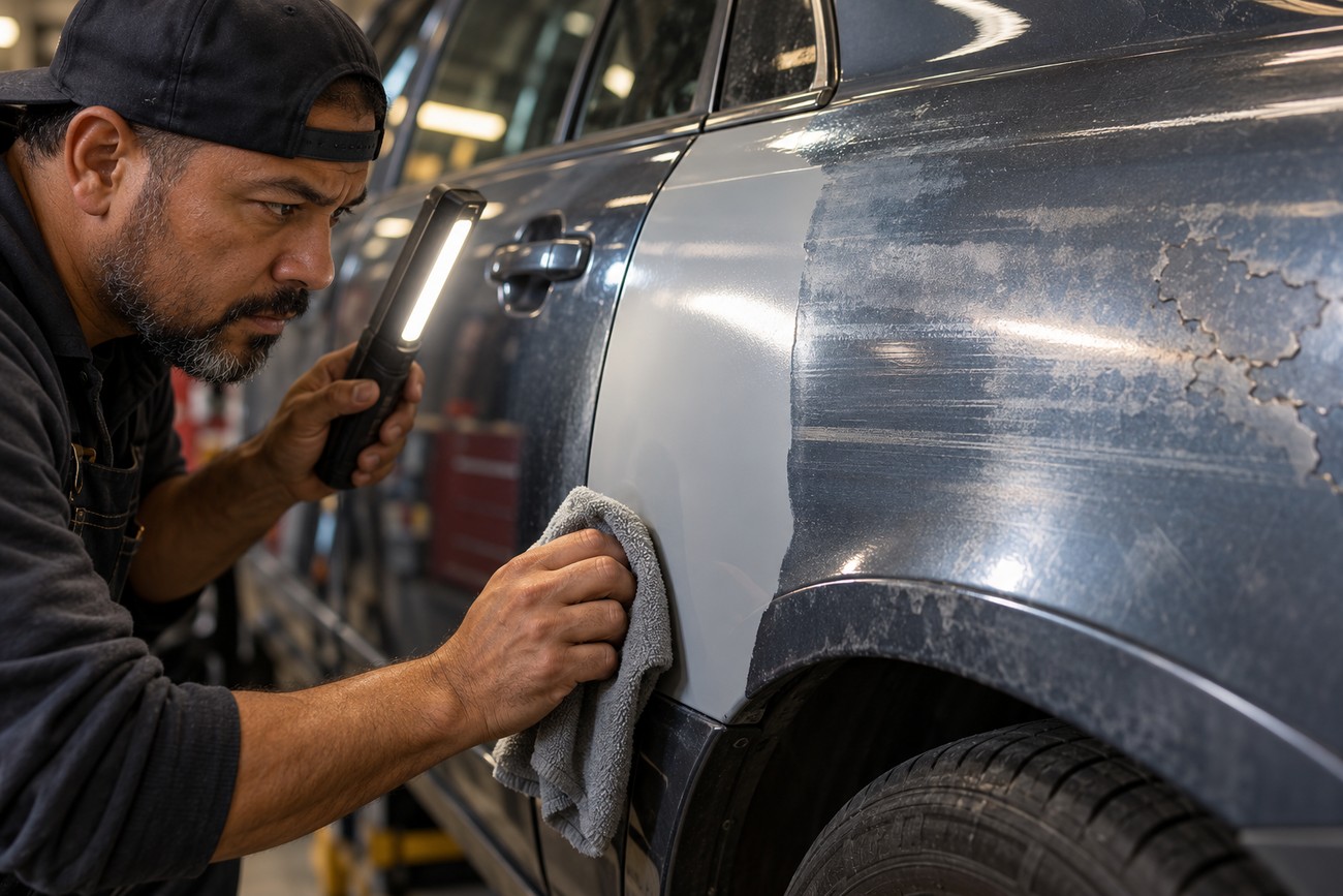 A technician holding an inspection light and wiping a car body panel with a microfiber cloth
