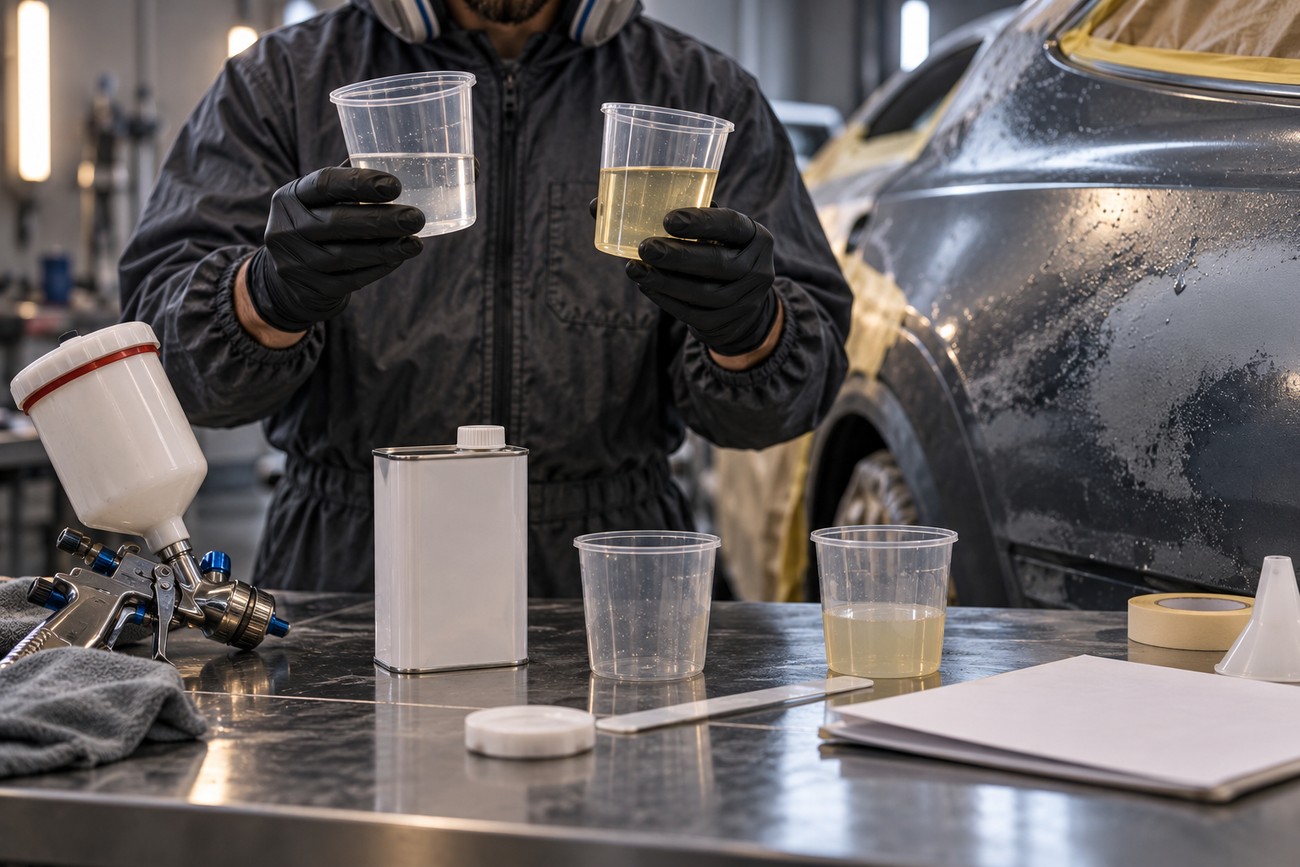 Automotive technician in protective suit and black gloves holding mixing cups with paint and clear coat next to a spray gun