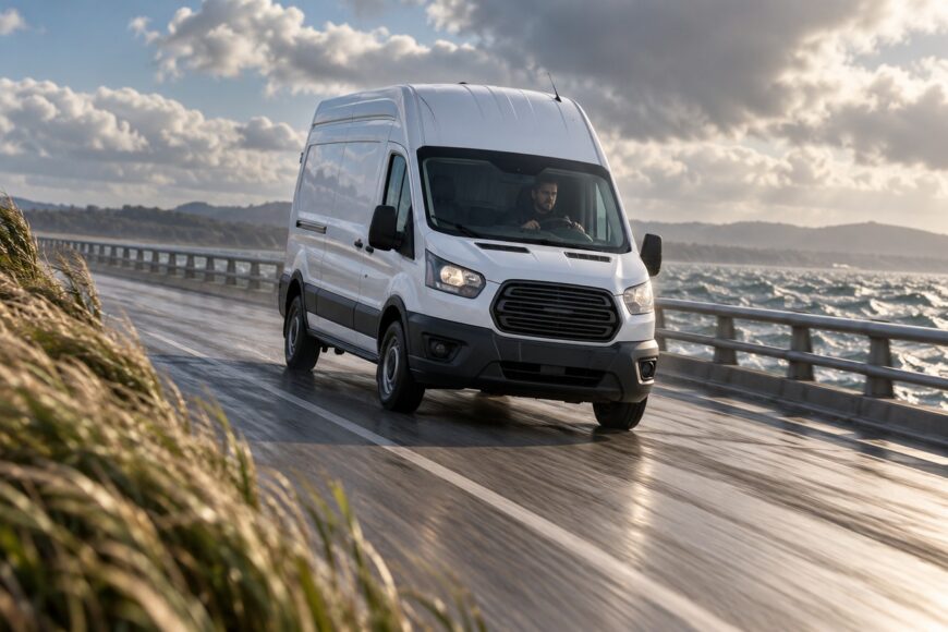 A white Ford Transit van driving along a wet bridge road under a cloudy sky near water